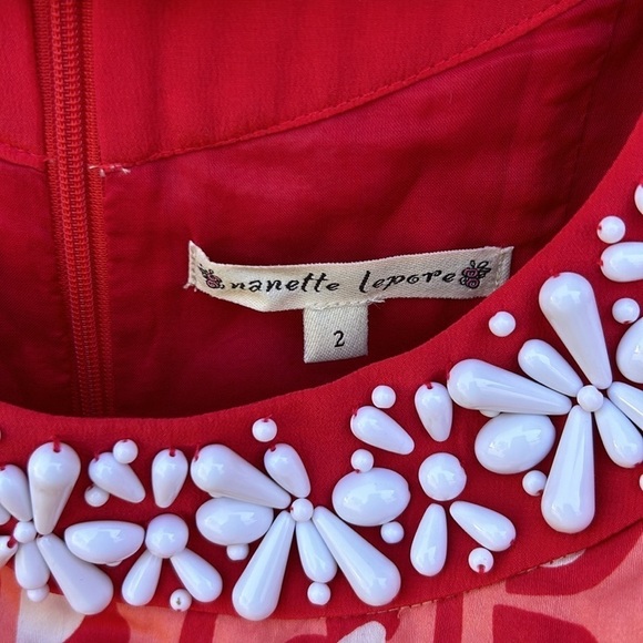 Nanette Lepore Beaded Floral Dress Tropical Tiki Hawaiian Vacation Vibes Sz 2 - Picture 3 of 5